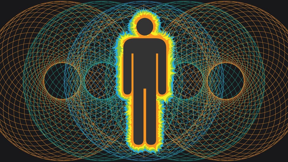 Illustration of a human body icon surrounded by electromagnetic wave patterns on a black background