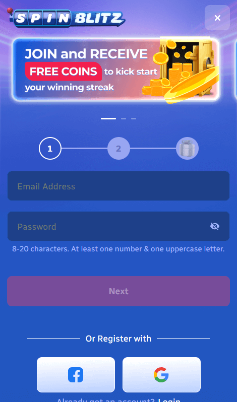 SpinBlitz email and password