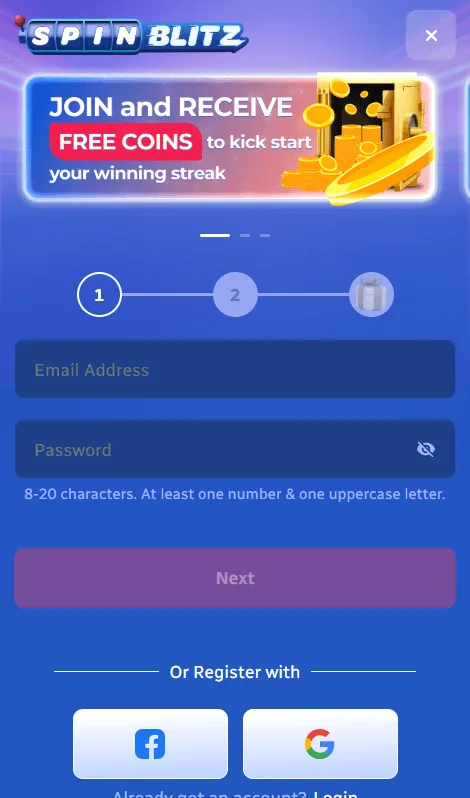 SpinBlitz email and password