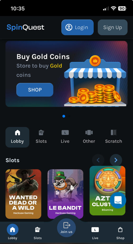 SpinQuest sweeps casino mobile view