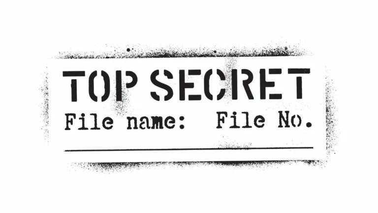 Close up of a illustration of a black and white file label on a white background. Label reads 'Top Secret' on top with 'File name' and 'File no,' below