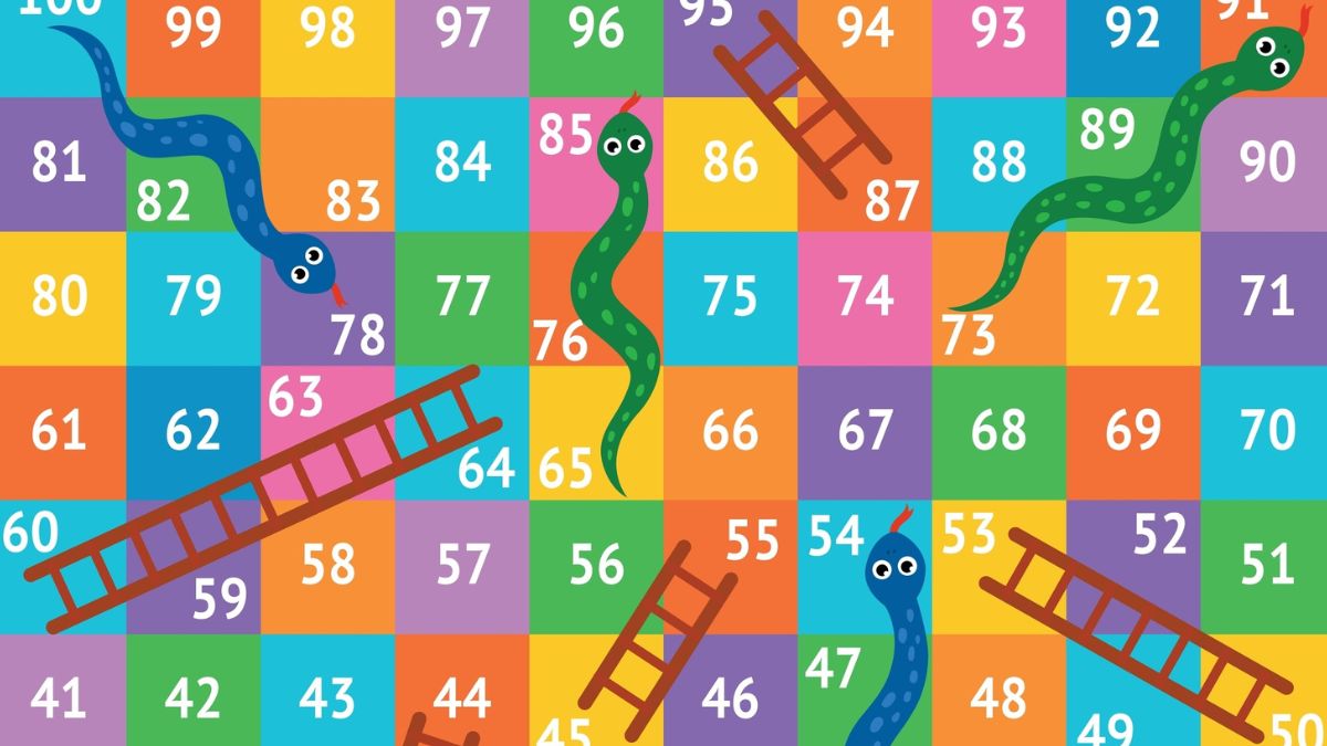 Close up of colorful snakes and ladders board