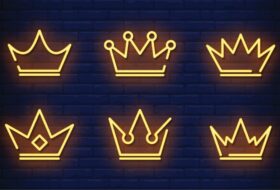 a collection of neon crowns on an illustrated purple wall