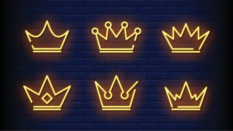 a collection of neon crowns on an illustrated purple wall