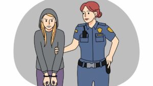 Digital illustration-uniformed female police officer arresting a hoodie wearing female youth. Hands are cuffed in front of body, office guides young adult by arm. White background