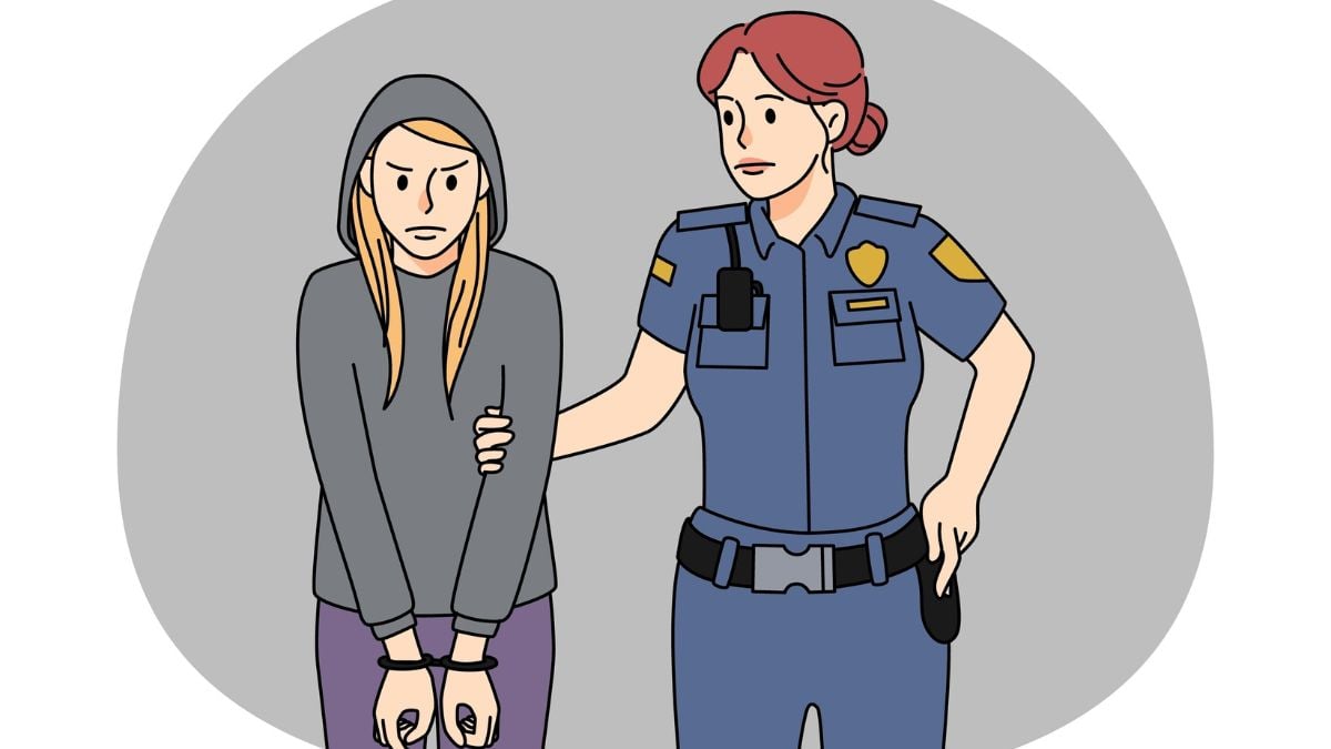 Digital illustration-uniformed female police officer arresting a hoodie wearing female youth. Hands are cuffed in front of body, office guides young adult by arm. White background