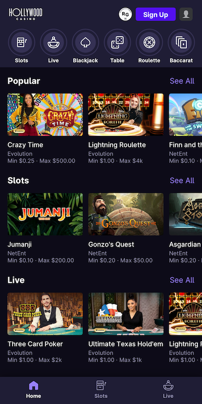 Hollywood Casino app home page