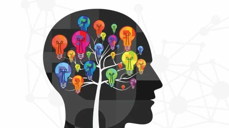Computer illustration. Side view of human head with tree featuring colorful lightbulbs in space where brain would be