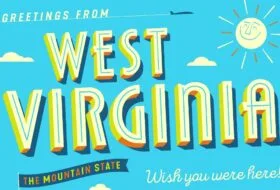 Illustration of retro postcard with blue background and yellow, white, and blue text that reads "greetings from West Virginia the mountain state wish you were here"