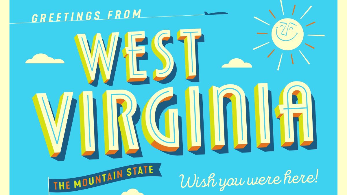 Illustration of retro postcard with blue background and yellow, white, and blue text that reads "greetings from West Virginia the mountain state wish you were here"
