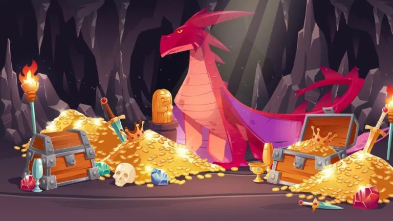 an illustration of a dragon in a cave surrounded by gold and riches