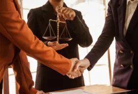 a group of lawyers shaking hands in front of a judge holding the scales of law