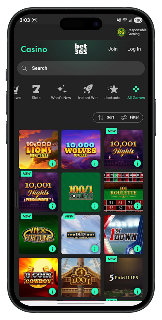 bet365 Casino App Game Catalog
