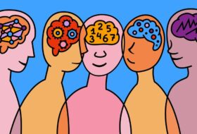 Digital illustration five line drawn people against a blue background. Each person has unique brain representing neurodiversity
