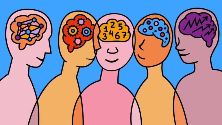 Digital illustration five line drawn people against a blue background. Each person has unique brain representing neurodiversity