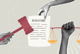 Digital halftone collage illustration. Legislation concept. Several hands hold a gavel, scales of justice, and a regulation document