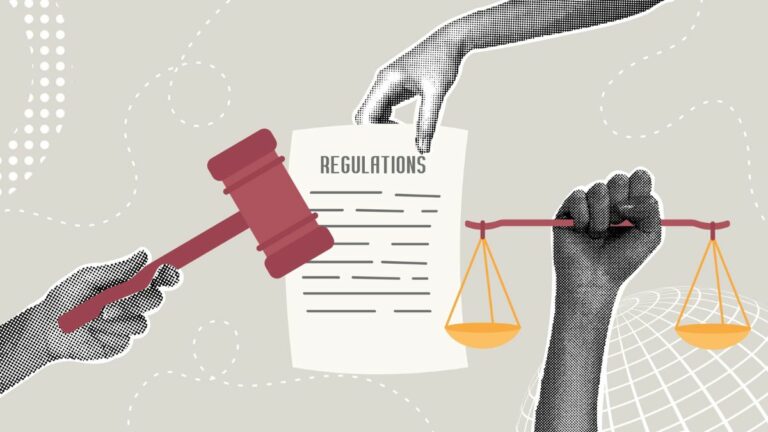 Digital halftone collage illustration. Legislation concept. Several hands hold a gavel, scales of justice, and a regulation document