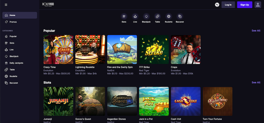 Hollywood Online Casino (desktop)