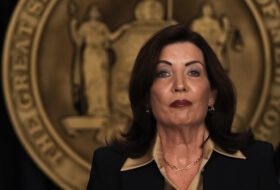 New York Gov. Kathy Hochul speaks at a news conference on New York City Mayor Eric Adams, not pictured, Thursday, Feb. 20, 2025, in New York. (AP Photo/Julia Demaree Nikhinson)