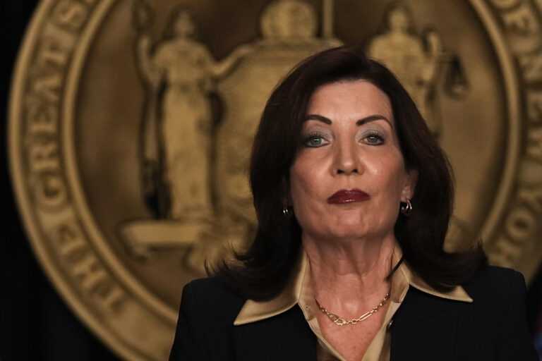 New York Gov. Kathy Hochul speaks at a news conference on New York City Mayor Eric Adams, not pictured, Thursday, Feb. 20, 2025, in New York. (AP Photo/Julia Demaree Nikhinson)