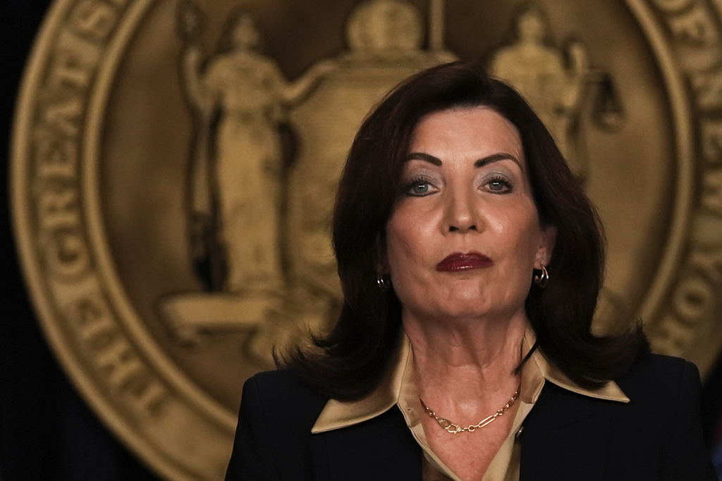 New York Gov. Kathy Hochul speaks at a news conference on New York City Mayor Eric Adams, not pictured, Thursday, Feb. 20, 2025, in New York. (AP Photo/Julia Demaree Nikhinson)