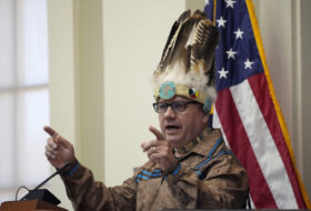William Nicholas, Chief of the Passamaquoddy Tribe at Motahkomikuk, addresses the Legislature, Wednesday, March 16, 2023, at the State House in Augusta, Maine. (AP Photo/Robert F. Bukaty)