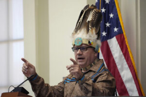 William Nicholas, Chief of the Passamaquoddy Tribe at Motahkomikuk, addresses the Legislature, Wednesday, March 16, 2023, at the State House in Augusta, Maine. (AP Photo/Robert F. Bukaty)