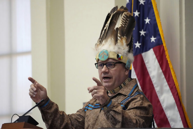 William Nicholas, Chief of the Passamaquoddy Tribe at Motahkomikuk, addresses the Legislature, Wednesday, March 16, 2023, at the State House in Augusta, Maine. (AP Photo/Robert F. Bukaty)
