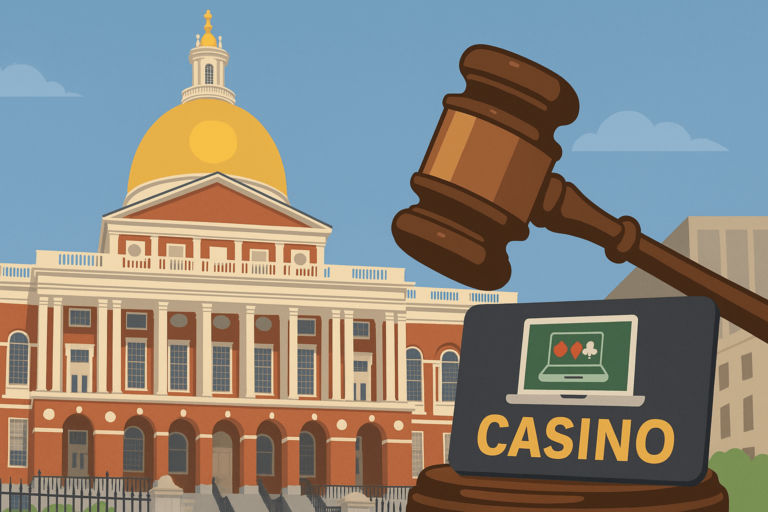 Illustration of a judge’s gavel and laptop with casino symbols in front of the Massachusetts State House, symbolizing proposed online casino legislation in Massachusetts.
