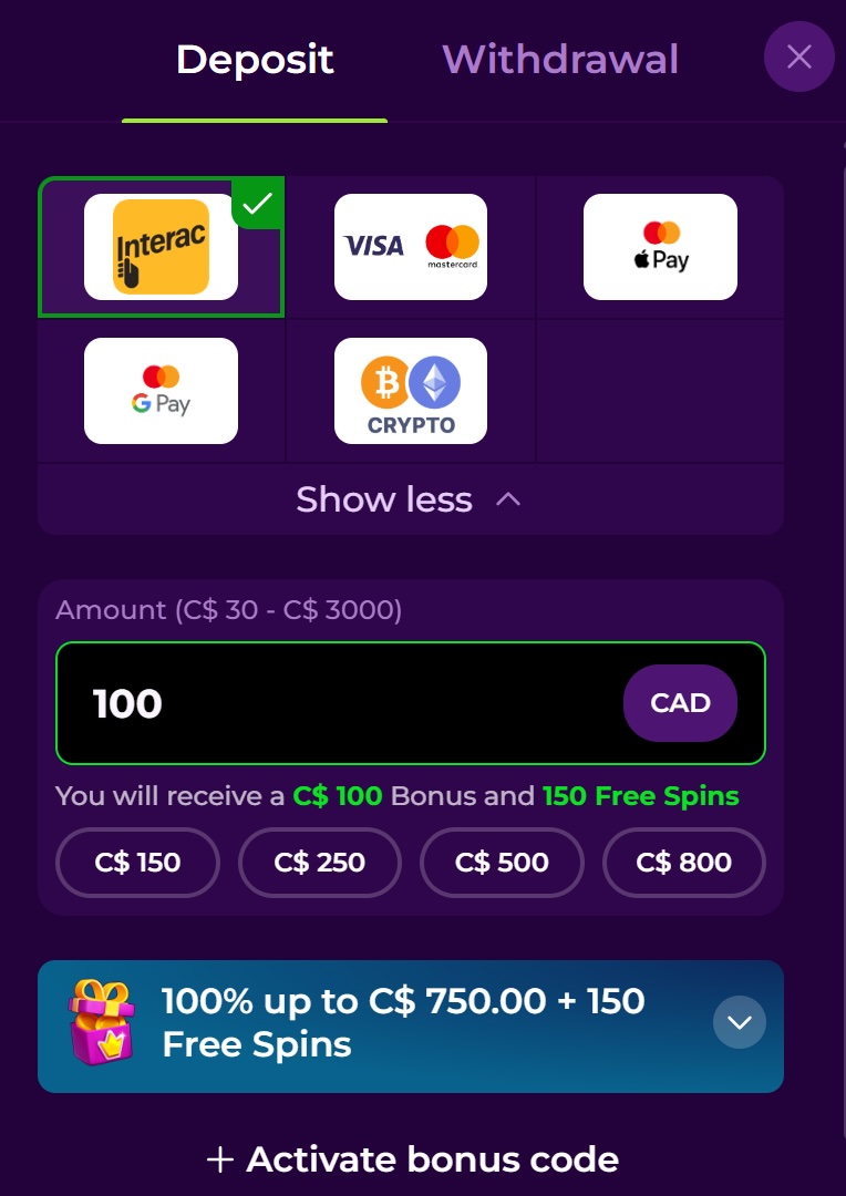 SpinMama Deposit & Withdrawal Options