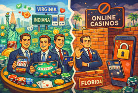 Cartoon animated image shows legislators in Virginia and Indiana going for online casinos on the left and on the right Florida not supporting it with a lock symbol and no sign right above online casinos.