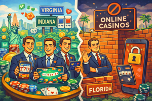 Cartoon animated image shows legislators in Virginia and Indiana going for online casinos on the left and on the right Florida not supporting it with a lock symbol and no sign right above online casinos.