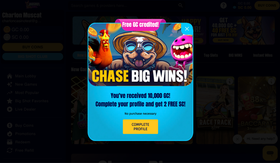 Big Shot Games - Free GC credited. Chase Big Wins. You've received 10,000 GC! Complete your profile and get free SC! No purchase necessary. Complete Profile.
