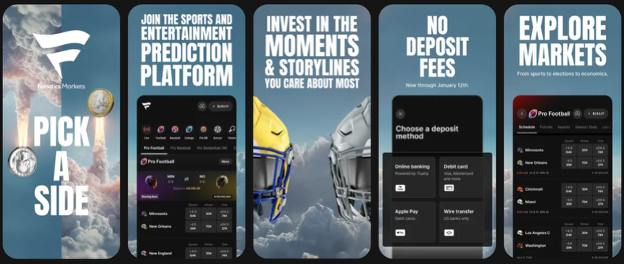 Fanatics Markets app image showcasing the different features including no deposit fees and sections like exploring markets. 