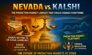 A stylized graphic showing a legal battle theme with scales of justice, the U.S. Capitol, and contrasting visuals representing Nevada state gambling regulations and Kalshi’s federally regulated prediction market platform, along with text highlighting the lawsuit’s impact on the future of prediction markets.