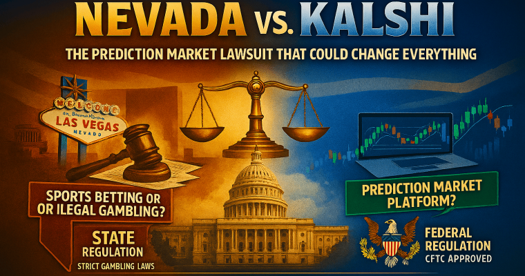 A stylized graphic showing a legal battle theme with scales of justice, the U.S. Capitol, and contrasting visuals representing Nevada state gambling regulations and Kalshi’s federally regulated prediction market platform, along with text highlighting the lawsuit’s impact on the future of prediction markets.