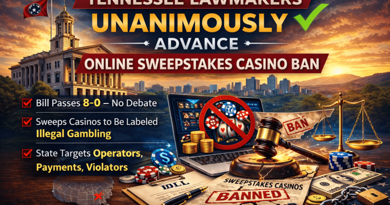 Tenneessee lawmakers unanimously advance online sweepstakes casino ban. The bill passed 8-0. Sweeps casinos to be labeled illegal gambling. Tennessee to target operators, payments, and violators.