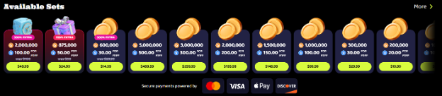 Coin Packages available at Sweepico - secure payments powered by Mastercard, Visa, Apple Pay, Discover. 