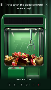 Firesevens claw machine - try to catch the biggest reward once a day! Next catch in - timer for next claw machine opening