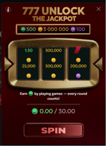 Firesevens 777 Booster - 777 unlock the jackpot, 500 SC, 3000000, 100 FP, Earn SC by playing games - every round counts! SC counter: 0.00/30.00. Red spin button at the bottom.
