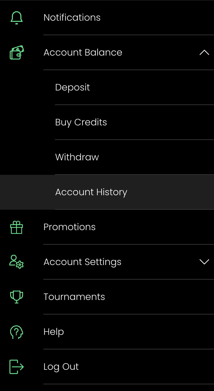 Horseplay - Account History to see Wagers