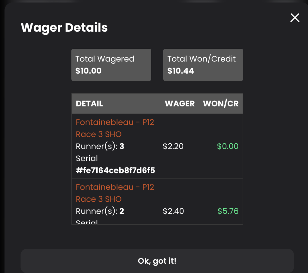 Horseplay Wager Details found under Account Settings - Shows Total Wagered Total Won/Credit as well as the detail of the race the wager amount and how much was won per wager.