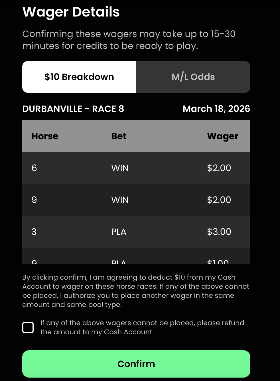 Horseplay wager details $10 breakdown. Several different wagers ranging from $2 to $1 for different horses and bets. 