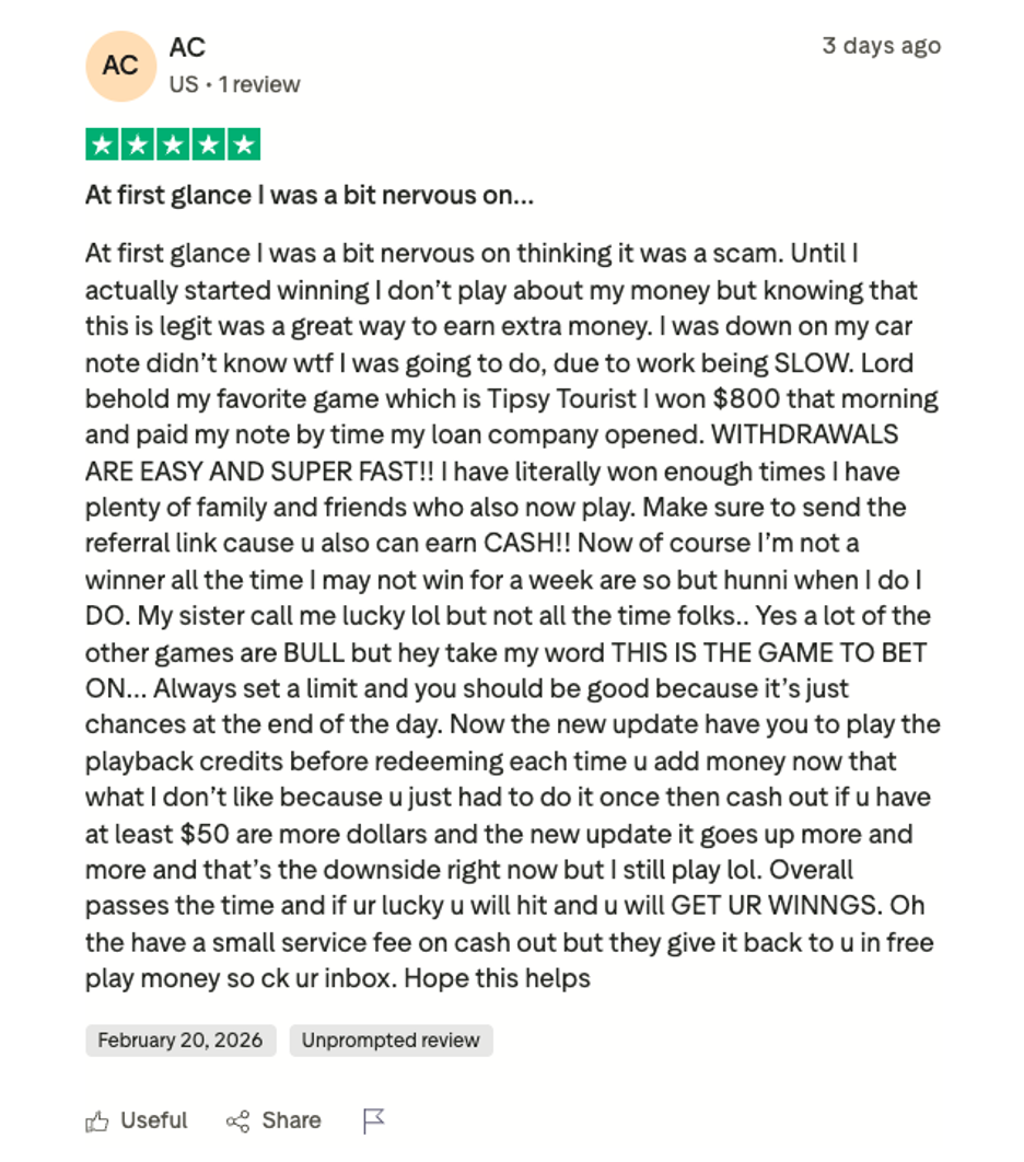 MrGoodwin Trustpilot Review - At first glance I was a bit nervous on thinking it was a scam. Until I actually started winning I don't play about my money but knowing that this is legit was a great way to earn extra money. I was down on my car note didn't know wtf I was going to do, due to work being SLOW. Lord behold my favorite game which is Tipsy Tourist I won $800 that morning and paid my note by time my loan company opened. WITHDRAWALS ARE EASY AND SUPER FAST!! I have literally won enough times I have plenty of family and friends who also now play. Make sure to send the referral link cause u also can earn CASH!! Now of course I'm not a winner all the time I may not win for a week are so but hunni when I do I DO. My sister call me lucky lol but not all the time folks... Yes a lot of the other games are BULL but hey take my word THIS IS THE GAME TO BET ON... Always set a limit and you should be good because it's just chances at the end of the day. Now the new update have you to play the playback credits before redeeming each time u add money now that what I don't like because u just had to do it once then cash out if u have at least $50 are more dollars and the new update it goes up more and more and that's the downside right now but I still play lol. Overall passes the time and if ur lucky u will hit and u will GET UR WINNGS. Oh the have a small service fee on cash out but they give it back to u in free play money so ck ur inbox. Hope this helps