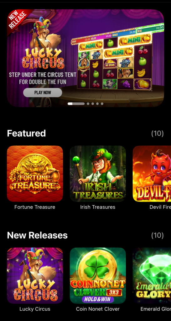 Horseplay iOS app - New Release - Lucky Circus - Featured Fortune Treasure, Irish Treasures, Devil Fire. New Releases - Lucky Circus, Coinnonet Clover 3x3 hold and win, Emerald 7s glory
