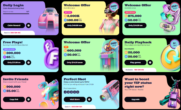 Daily login, welcome offers, free plays, daily playback, invite friends, perfect shot, want to boost your VIP status. 