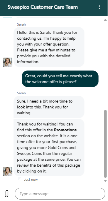 Sweepico Customer Care Team Live Chat - asking about the welcome offer