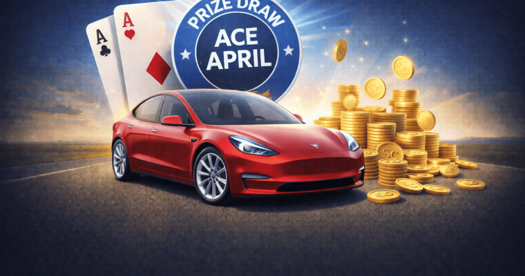 Ace April prize draw giveaway Tesla Model 3 and free sweep coins