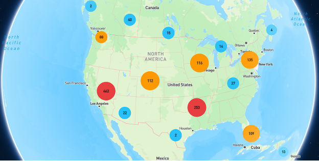 Aristocrat Slots Where to Play map showing 462 spots in Nevada, 2 in Texas, 112 in Colorado, 22 in Arizona, 88 in Washington, 135 in the NE region of the US, 116 in the Midwest region, 14 in the Great Lakes area, 253 in between Oklahoma and Arkansas, 109 in Florida.