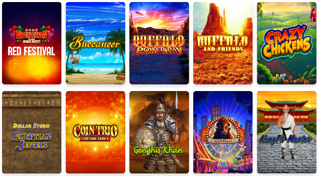 Featured Aristocrat Games - Red Festival, Buccaneer, Buffalo Power Pay, Buffalo and Friends, Crazy Chickens, Dollar Storm Egyptian Jewels, Coin Trio Fortune Trails, Genghis Khan, Buffalo, Kung Fu Master